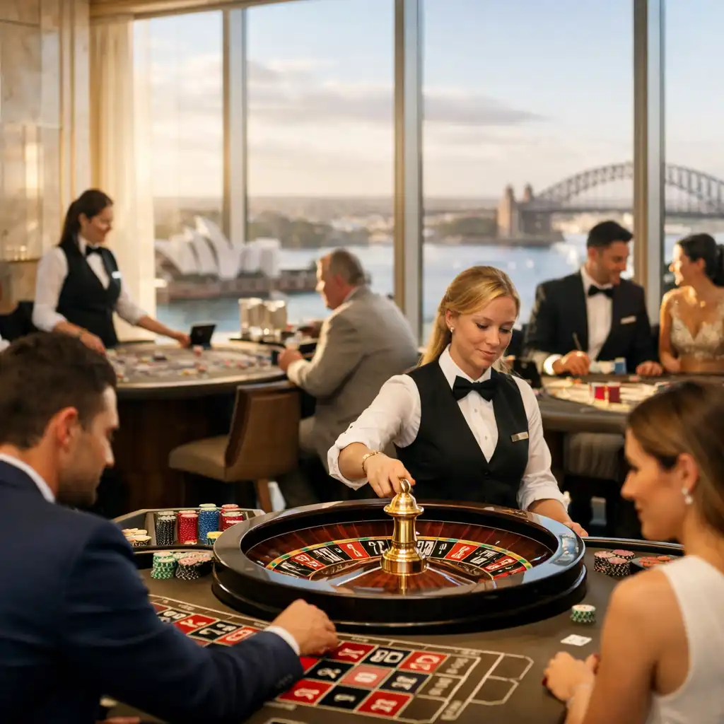 Sunlit luxury casino gaming floor on Level 38 with live roulette and blackjack tables overlooking Sydney Harbour