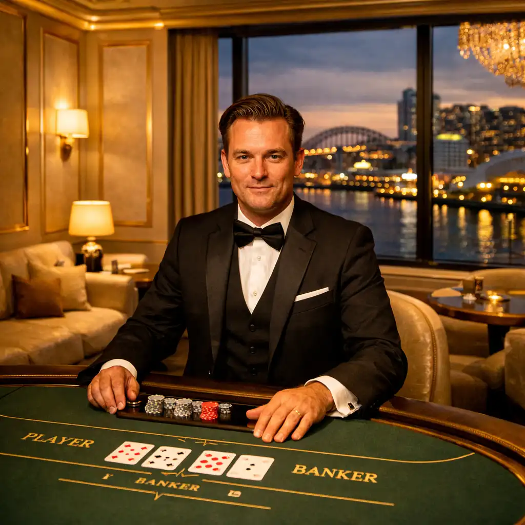 Private gaming salon with a baccarat table, croupier in tailored suit, and Darling Harbour view
