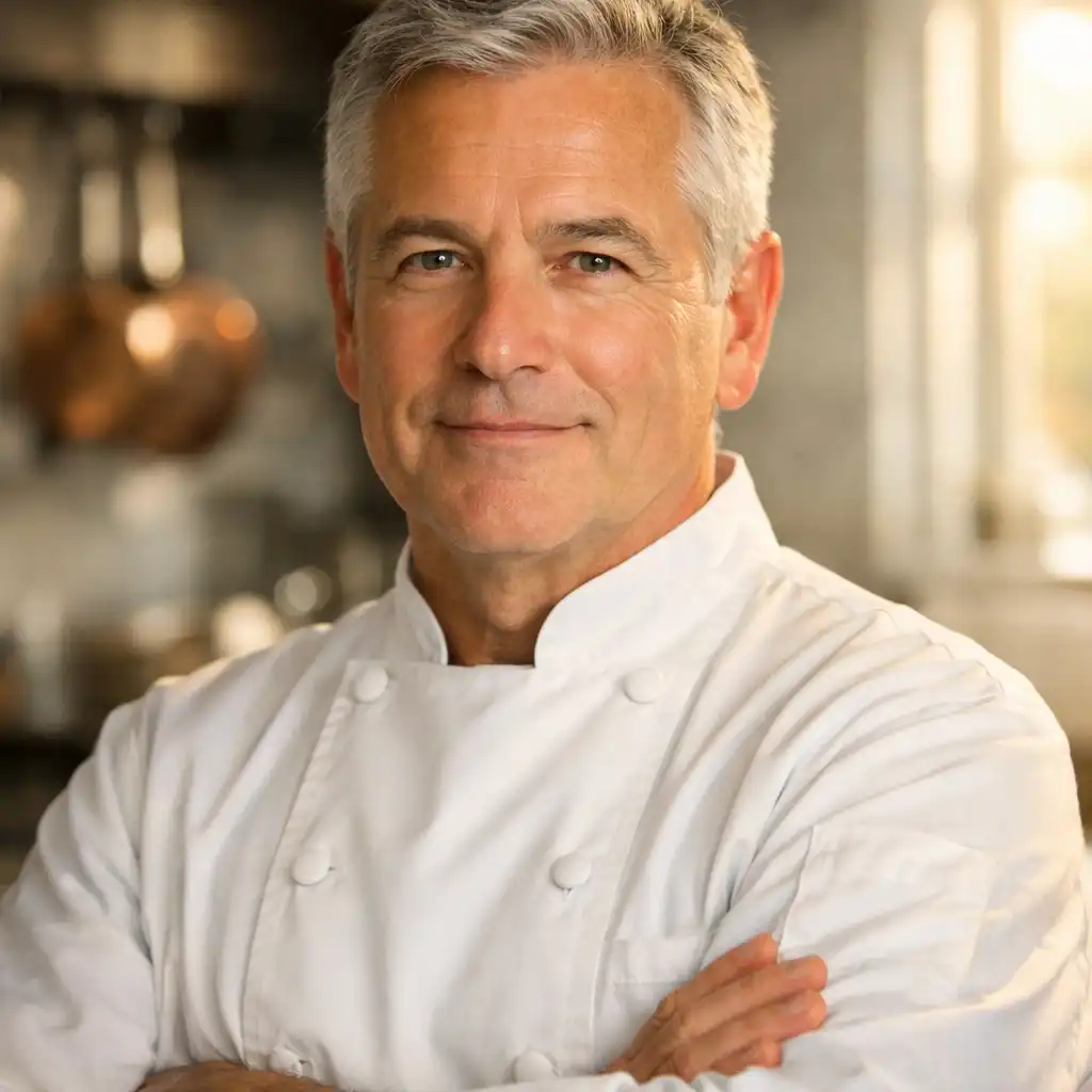 Portrait of the executive chef in white chef whites standing in a bright kitchen