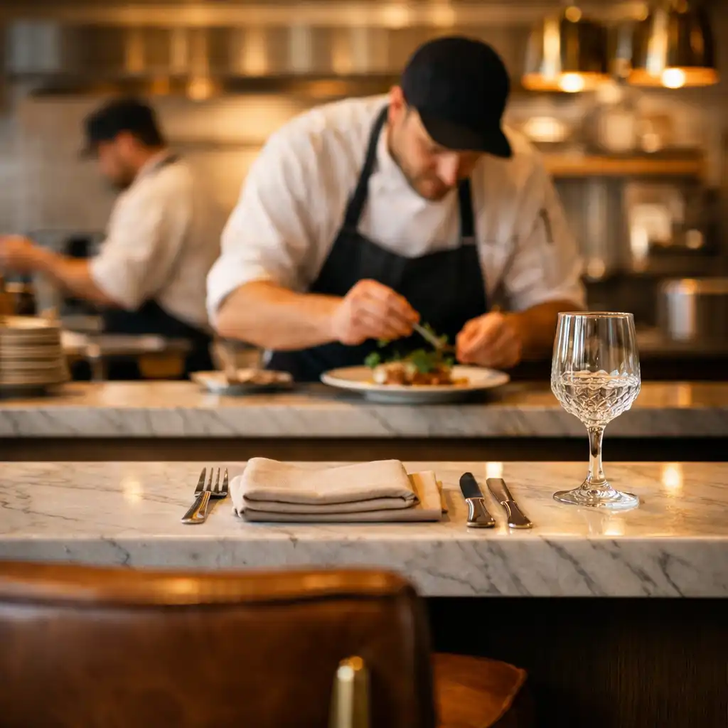 Guest perspective of a chef's counter with place setting and chefs working at the pass