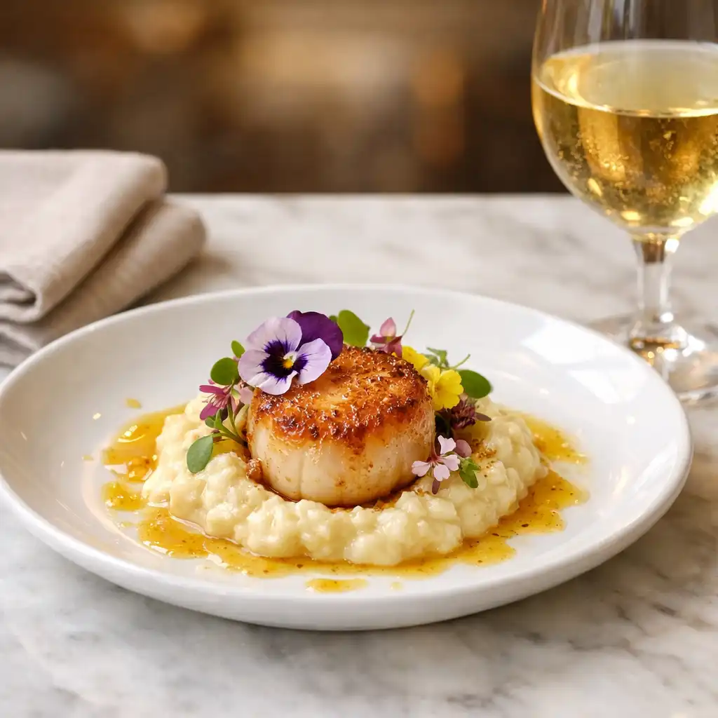 Close-up of a plated scallop dish and glass of wine on a marble counter