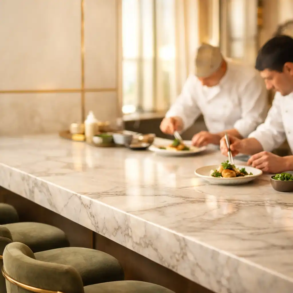 Chefs plating dishes at a sculpted marble counter in a sunlit kitchen