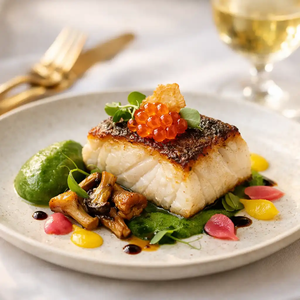 Beautifully plated fine dining dish with champagne gold cutlery and a glass of white wine