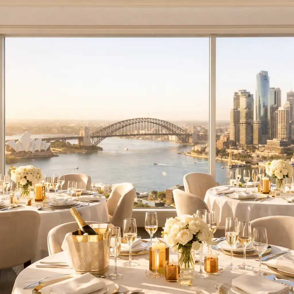 Sunlit luxury dining room on Level 38 with floor-to-ceiling windows overlooking Sydney Harbour and Barangaroo