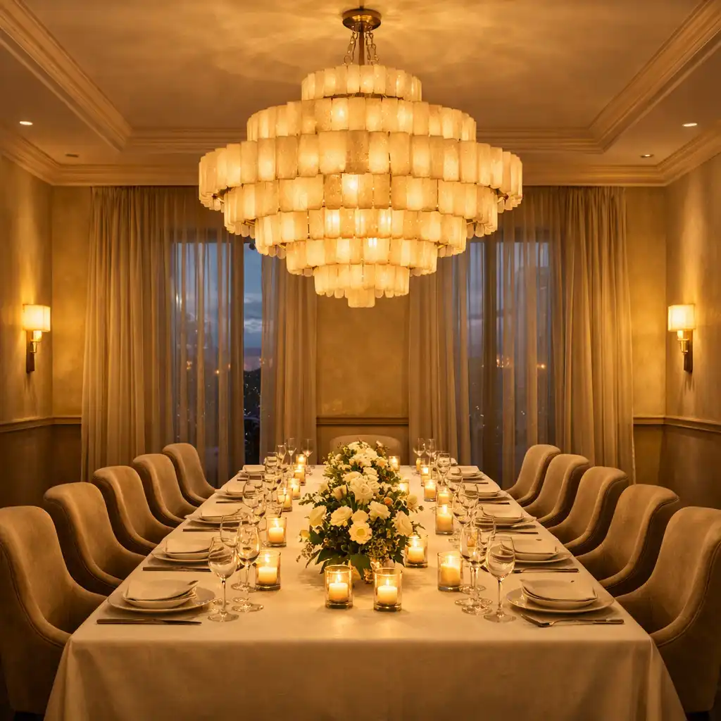 Intimate private dining room with a long table set for twelve, upholstered chairs, and a statement chandelier