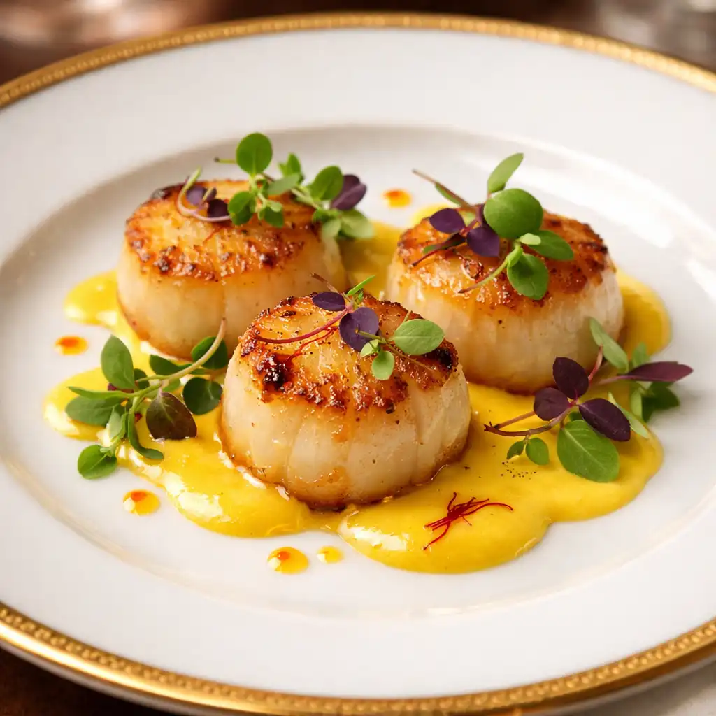 Close-up of a Michelin-calibre plated dish with seared scallops, saffron emulsion and microgreens on a white porcelain plate with gold trim
