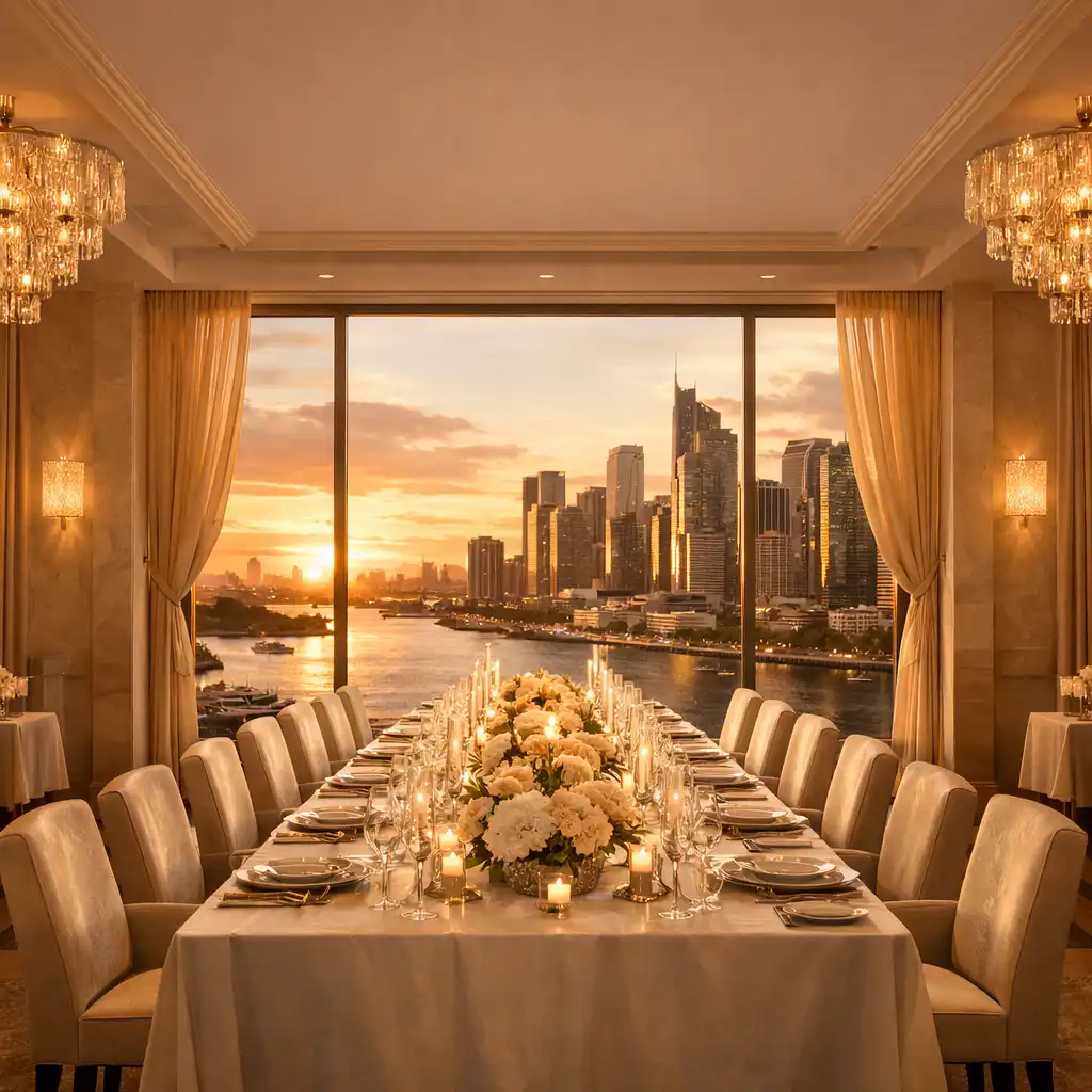 Elegant private event space at Sydney Casinoeatery with floor-to-ceiling windows overlooking Barangaroo at sunset
