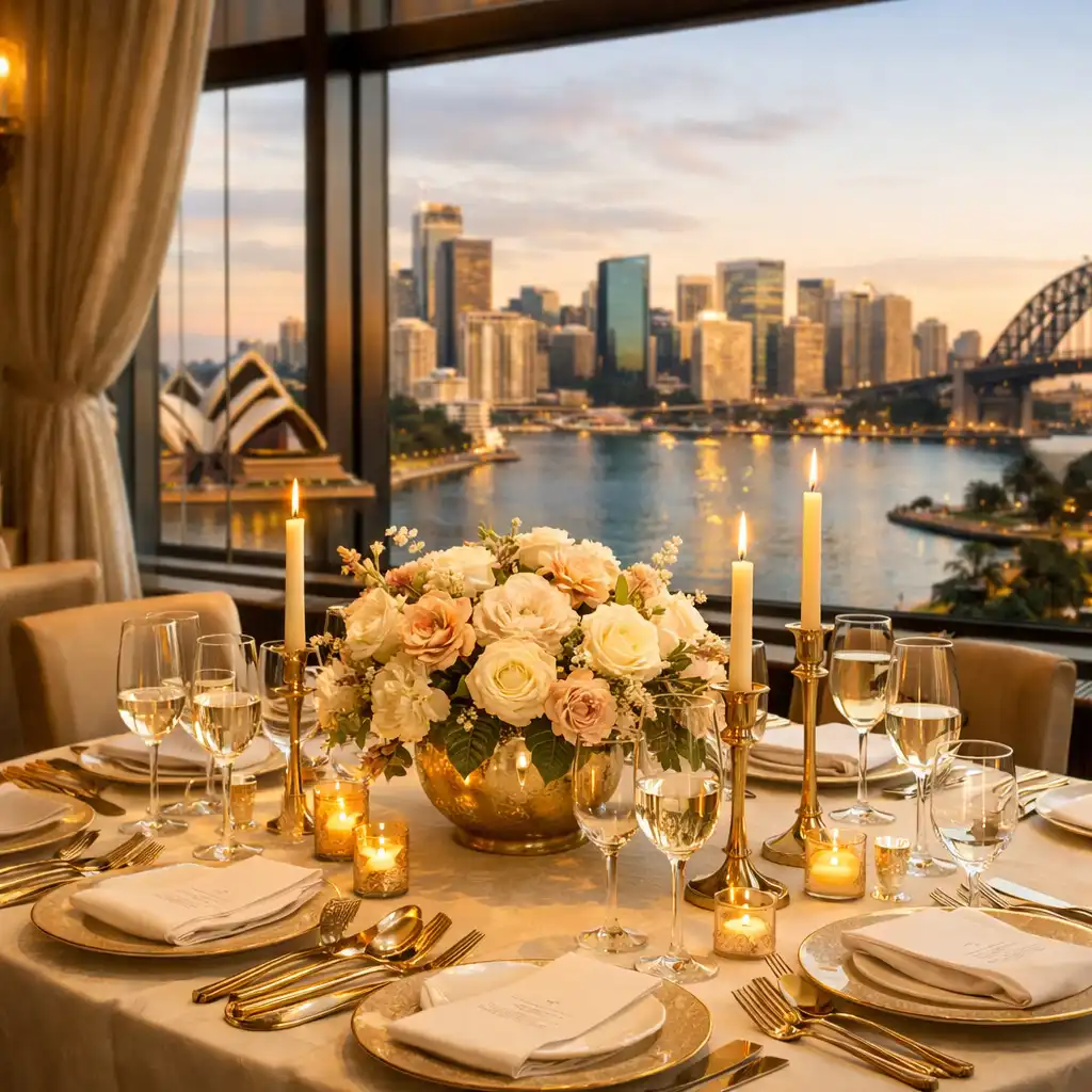 Interior of the Grand Pavilion at Sydney Casinoeatery showing a beautifully set table for a private dinner with Sydney skyline views