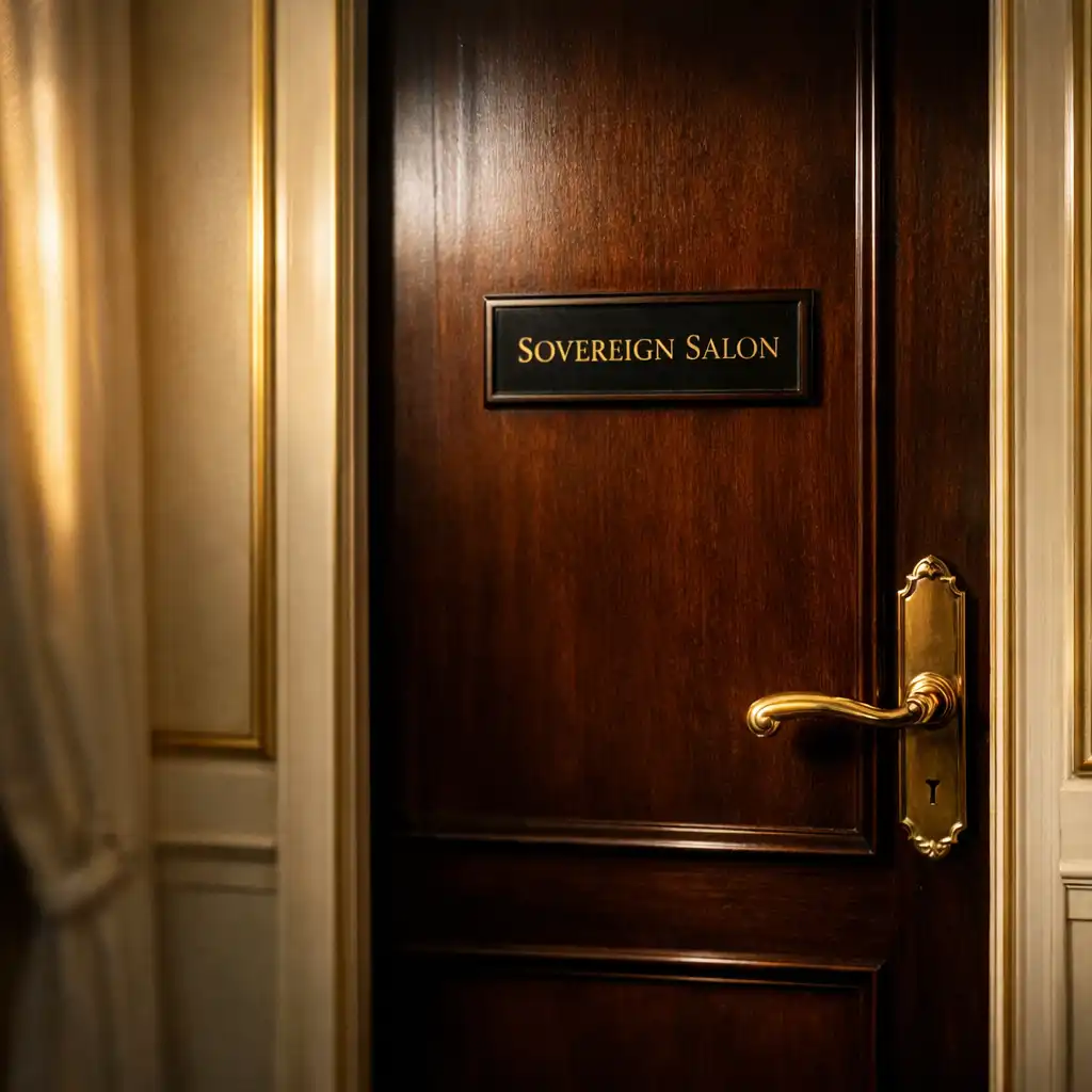 Closed door to the Sovereign Salon private gaming room with brass handle and discreet sign