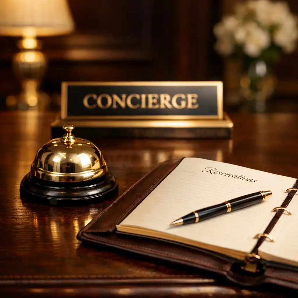 Concierge desk with polished wood, brass bell, and leather reservation book