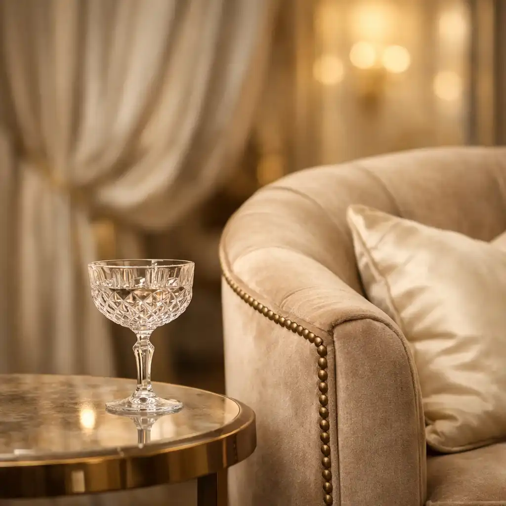 Detail of a champagne armchair and crystal glass in a private salon