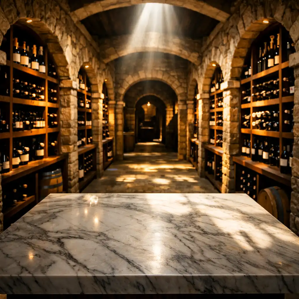 Arched stone wine cellar with wooden racks and a marble tasting table