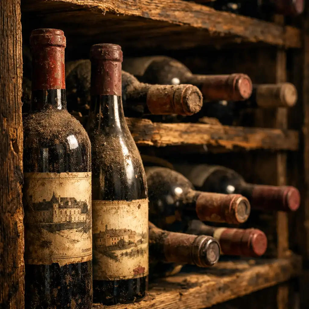 Aged wooden wine racks filled with bottles of Bordeaux and Burgundy